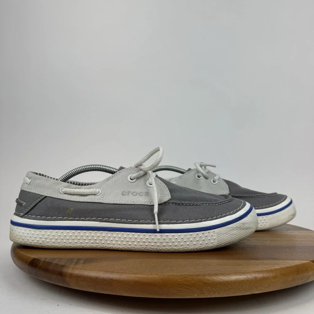Mens‎ Crocs Hover Gray Canvas Casual Comfort Low Sneakers Boat Shoes Size 12 D